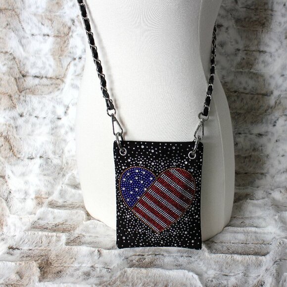 Patriotic Red White Blue Rhinestone Bling Black Hobo Crossbody Mini Phone Bag - Picture 8 of 13